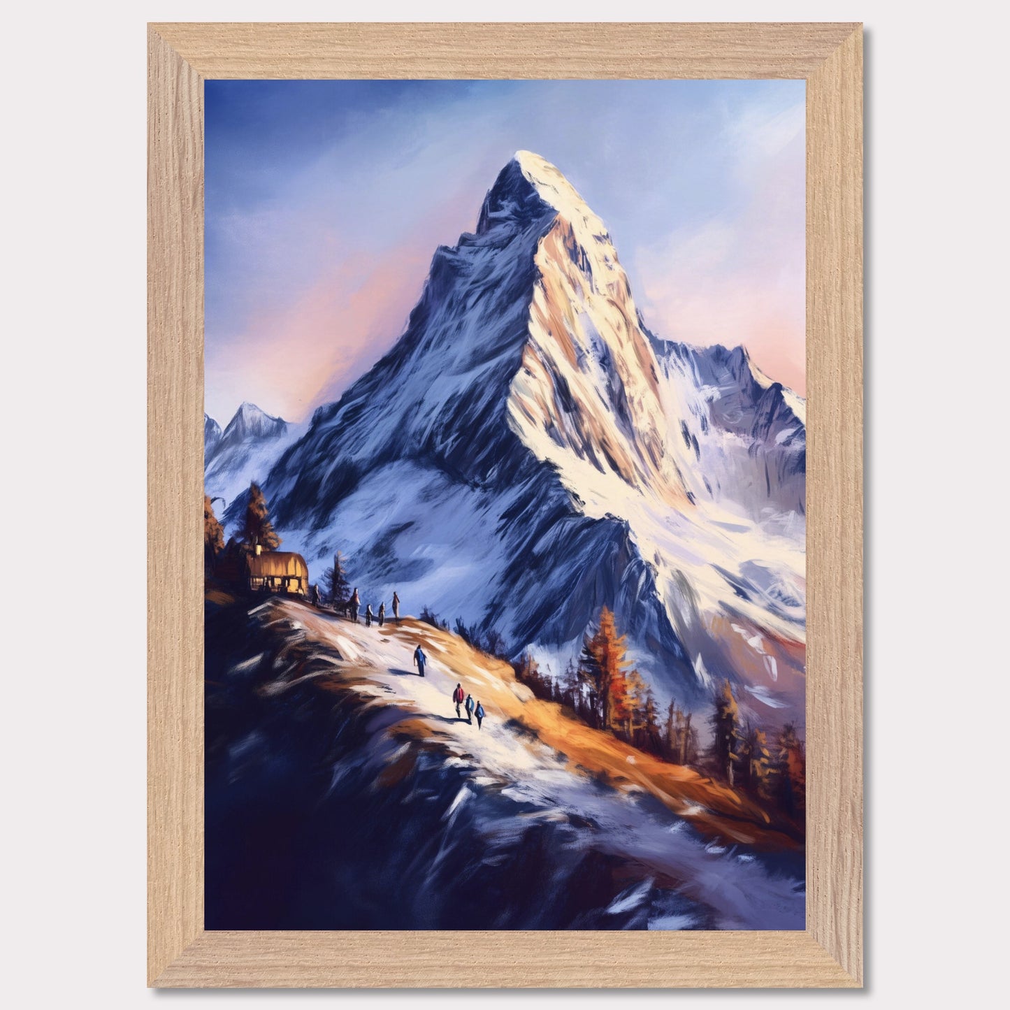 This atmospheric poster captures the awe-inspiring beauty of Zermatt, emphasizing the grandeur of the Matterhorn as it towers over a snow-dusted trail bathed in golden light. The soft, painterly style evokes a sense of tranquility and adventure, blending the rugged alpine landscape with the warmth of human activity.