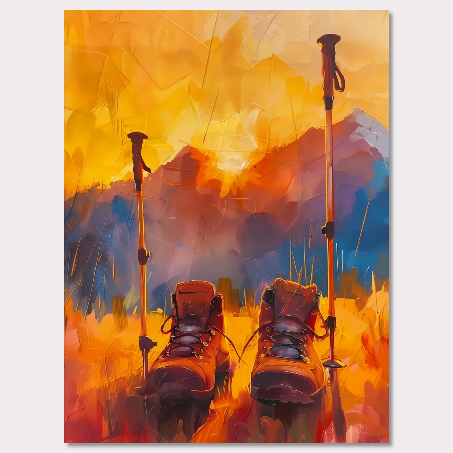 This illustration depicts a pair of hiking boots and trekking poles set against a vibrant, abstract background of mountains and a sunset.