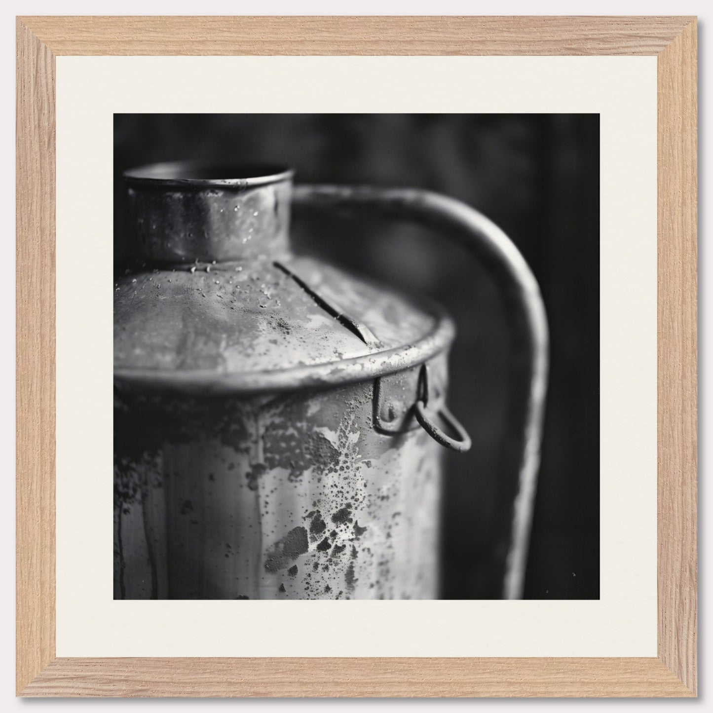 This illustration depicts a close-up view of an old, weathered metal container with a handle. The black and white composition highlights the texture and details of the rust and wear on the surface.