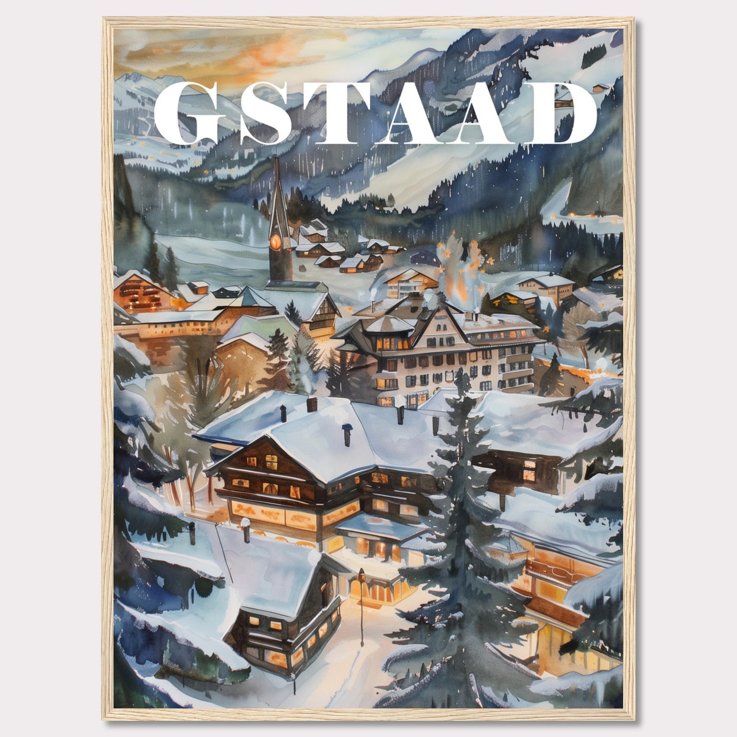 This image showcases a beautiful winter scene of Gstaad, a picturesque village nestled in the Swiss Alps. The painting captures the charm of snow-covered chalets, pine trees, and a serene mountainous backdrop under a soft evening sky.