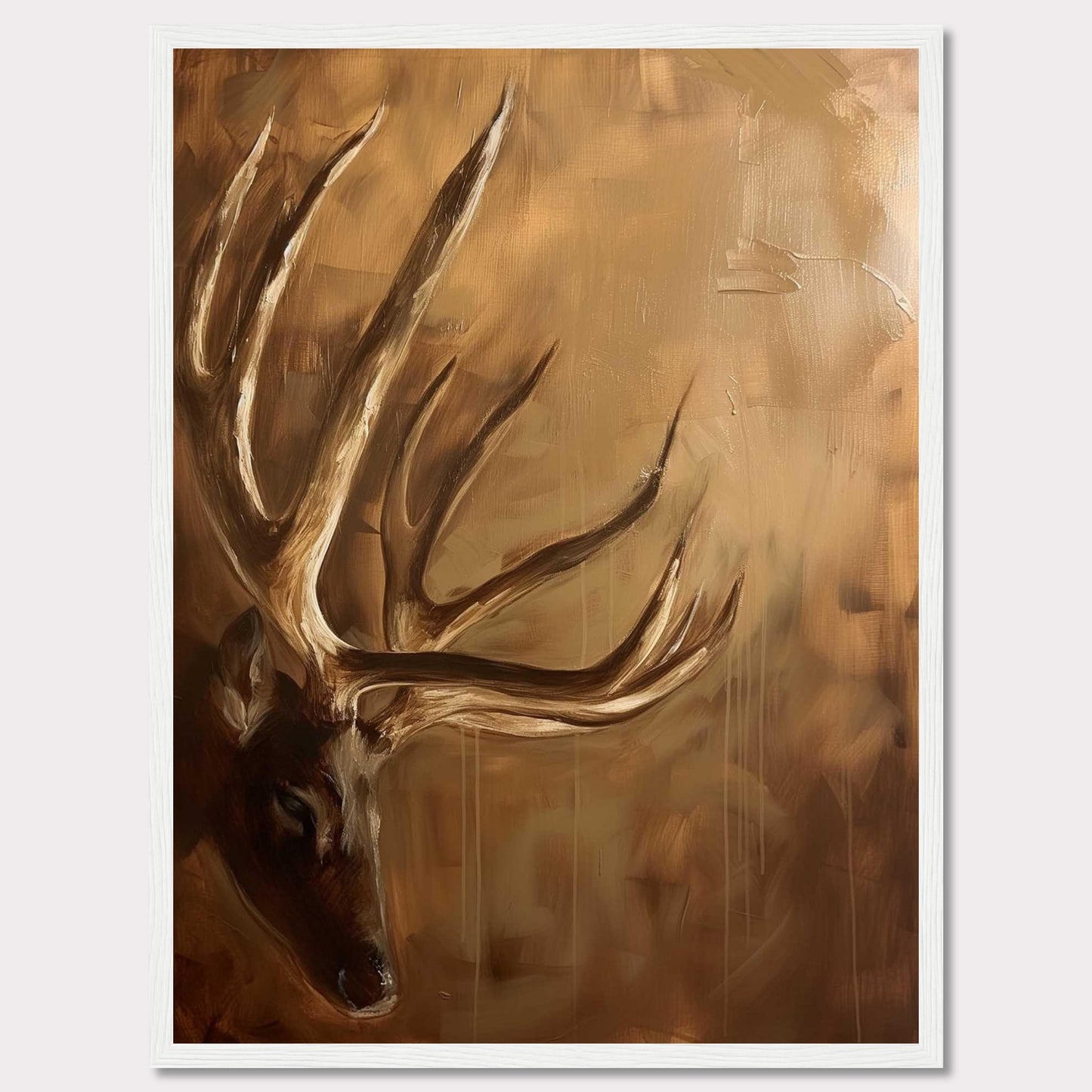 This captivating painting features a majestic deer with prominent antlers, set against a warm, earthy background. The artwork exudes a sense of tranquility and natural beauty, making it a perfect addition to any nature lover's collection.