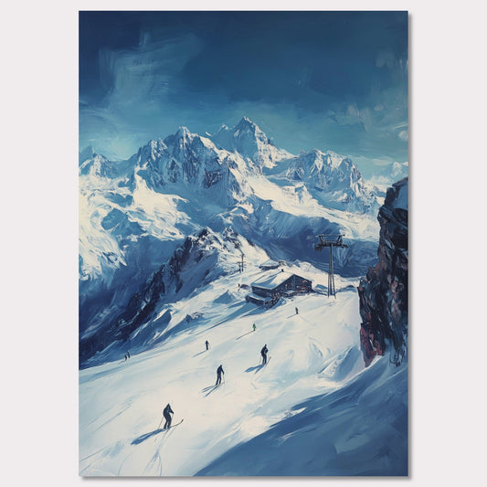 This vibrant, retro-style poster captures the excitement of skiing through the Swiss Alps, with skiers navigating fresh powder beneath towering, snow-covered peaks. The vast landscape and the thrill of the descent evoke a sense of freedom and adventure. The vintage typography and warm colors enhance the adventurous spirit, making it a perfect invitation to explore the slopes of the Swiss Alps and experience the rush of alpine skiing.