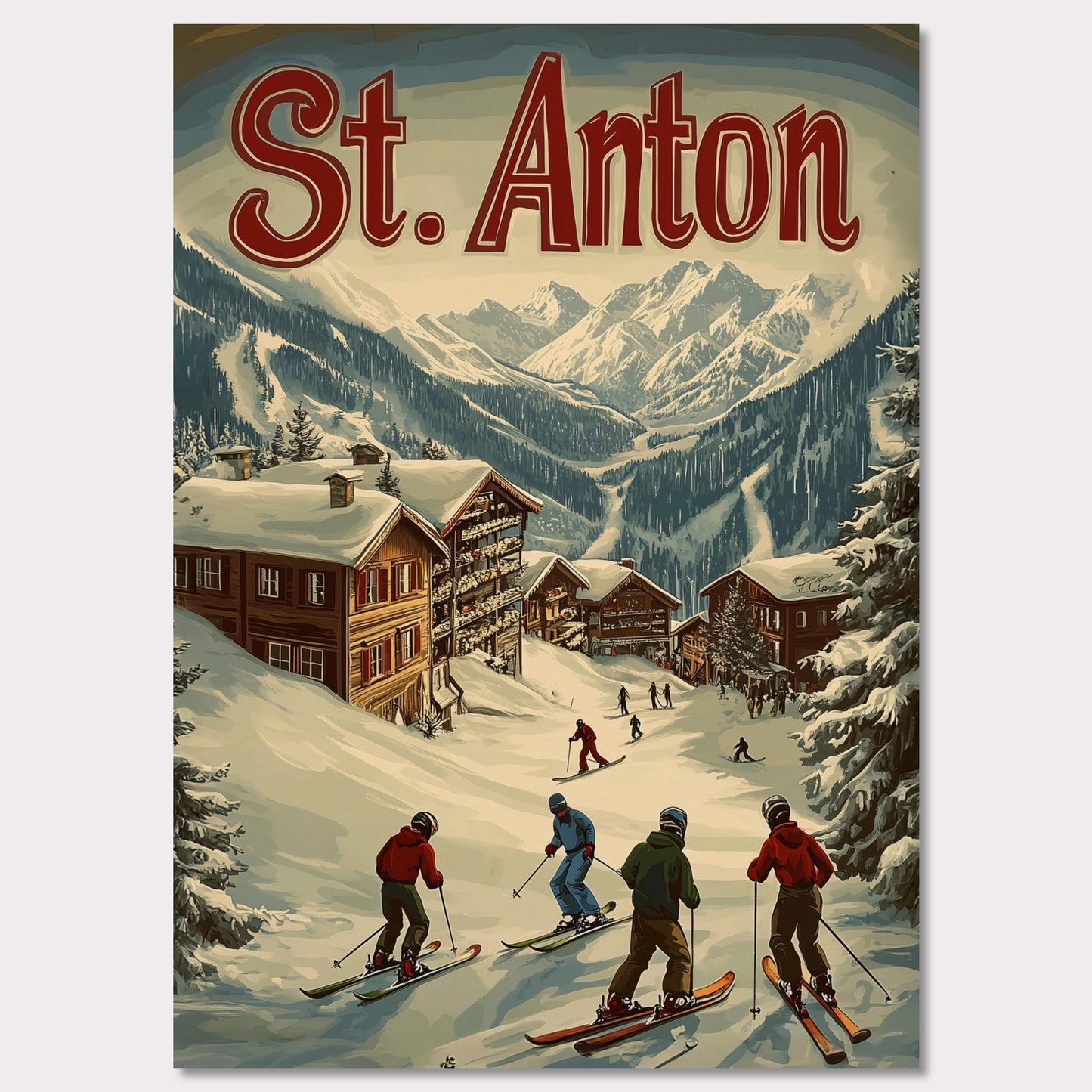 This stunning vintage-inspired poster depicts the idyllic town of St. Anton nestled beneath towering snow-capped peaks. The ski slopes are alive with activity, with skiers descending toward the charming wooden chalets. The warm hues in the sky add a sense of tranquility to the winter landscape, while the retro typography and art style transport the viewer to a time when winter holidays in the Alps were the height of elegance and adventure.