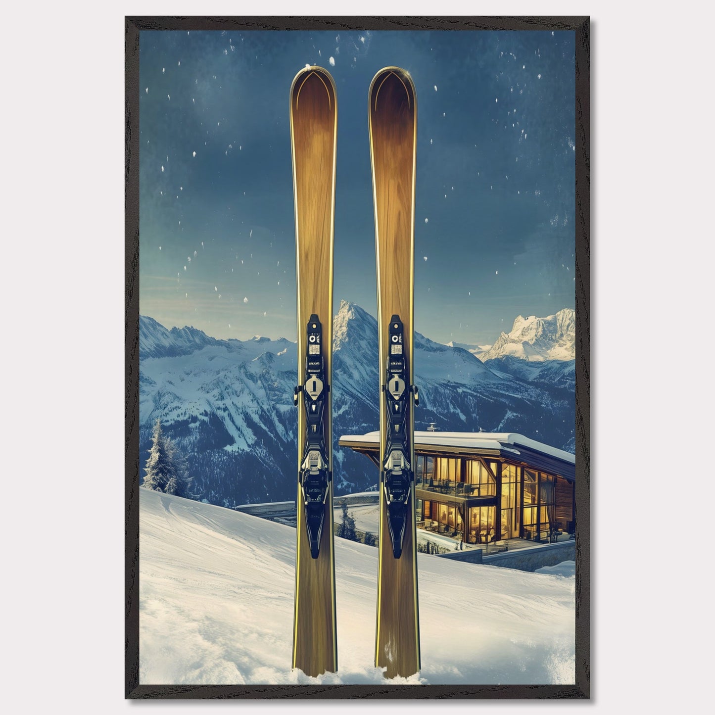 This elegant poster showcases the perfect blend of tradition and modernity in a snowy alpine escape. Two sleek skis stand proudly in the foreground, while a contemporary, glowing chalet nestled in the mountains provides a warm contrast to the frosty winter scene.