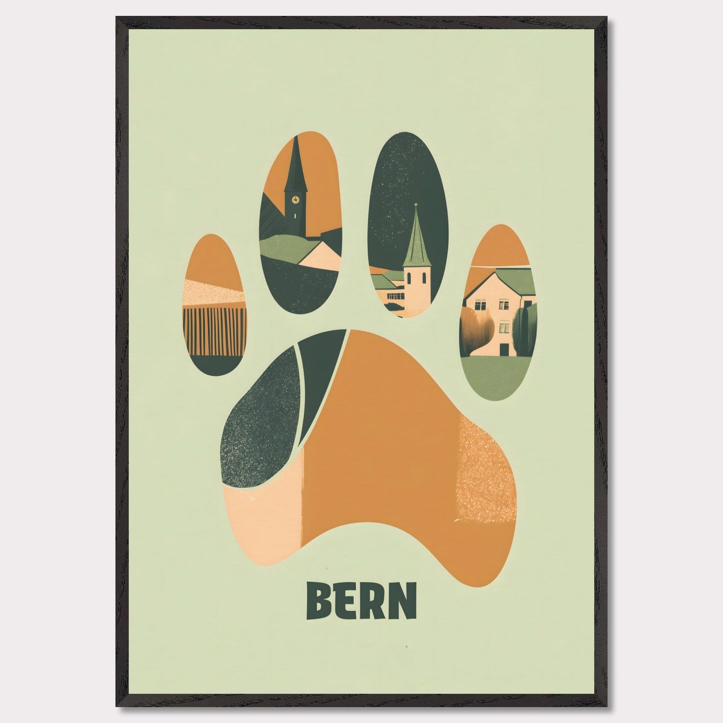 This unique poster blends the charm of Bern’s architecture with the city’s symbolic bear in an abstract, paw-print design. The warm earth tones and clean lines create a harmonious balance between modern minimalism and historical elements.