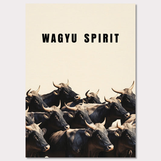 This illustration shows a group of black cattle with horns, set against a light background. The text "WAGYU SPIRIT" is prominently displayed at the top.

This poster will fit well in a kitchen, dining area, restaurant, or any space related to food and culinary arts.