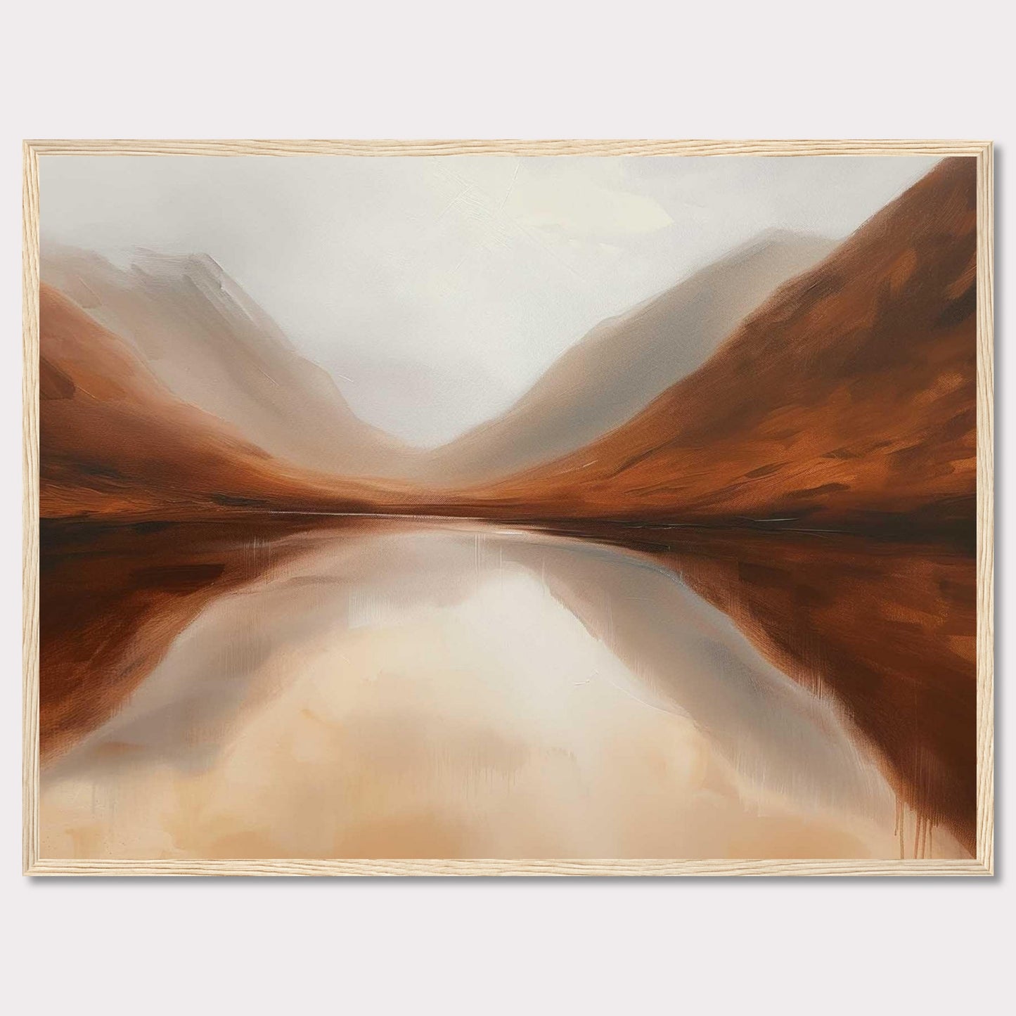 This captivating painting showcases a serene landscape with misty mountains reflected in a calm lake. The earthy tones of the mountains blend seamlessly with the soft, cloudy sky, creating a tranquil and harmonious scene.