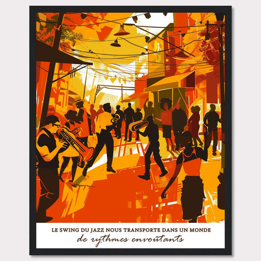 This vibrant illustration captures the lively atmosphere of a jazz street performance. Musicians with trumpets and trombones play energetically, surrounded by an enthusiastic crowd. The scene is bathed in warm hues of orange and yellow, evoking a sense of warmth and excitement.