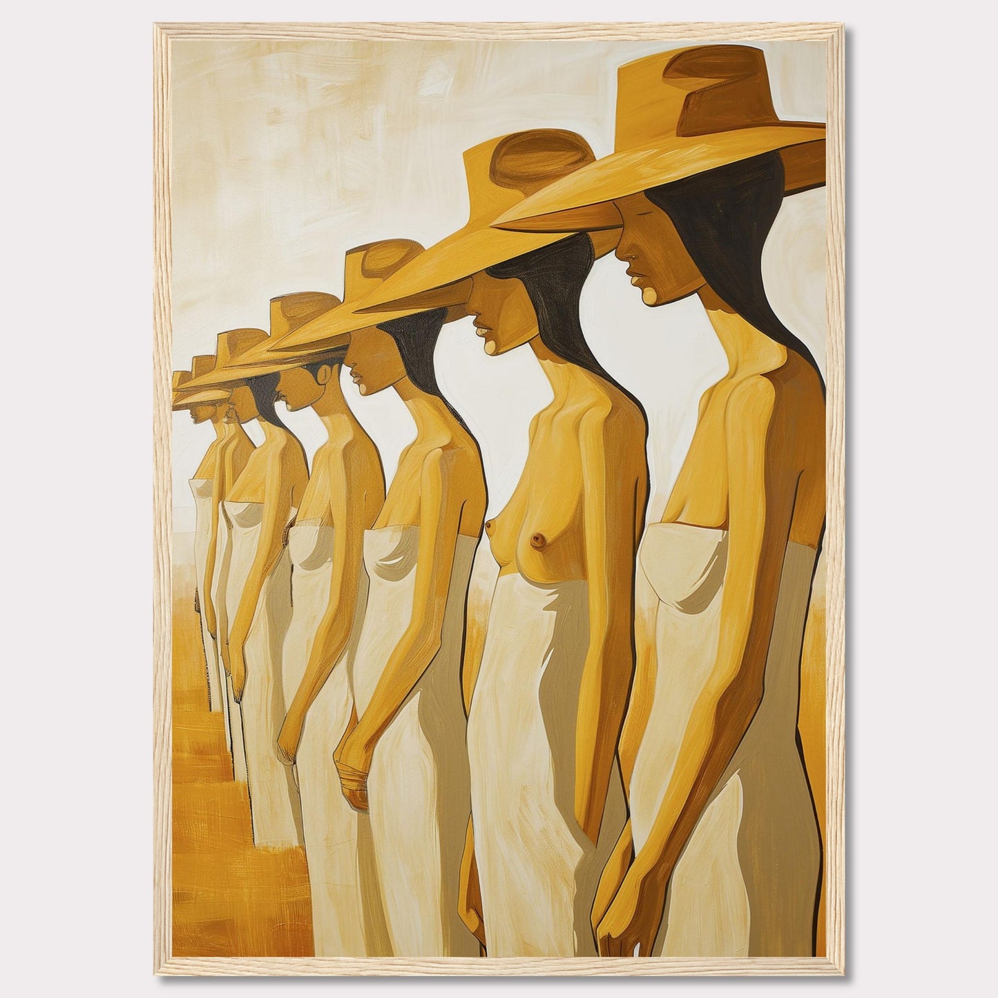 This striking artwork features a row of women standing in profile, each wearing a large hat and draped in a simple cloth. The painting captures a sense of unity and individuality through its minimalist style and warm color palette.