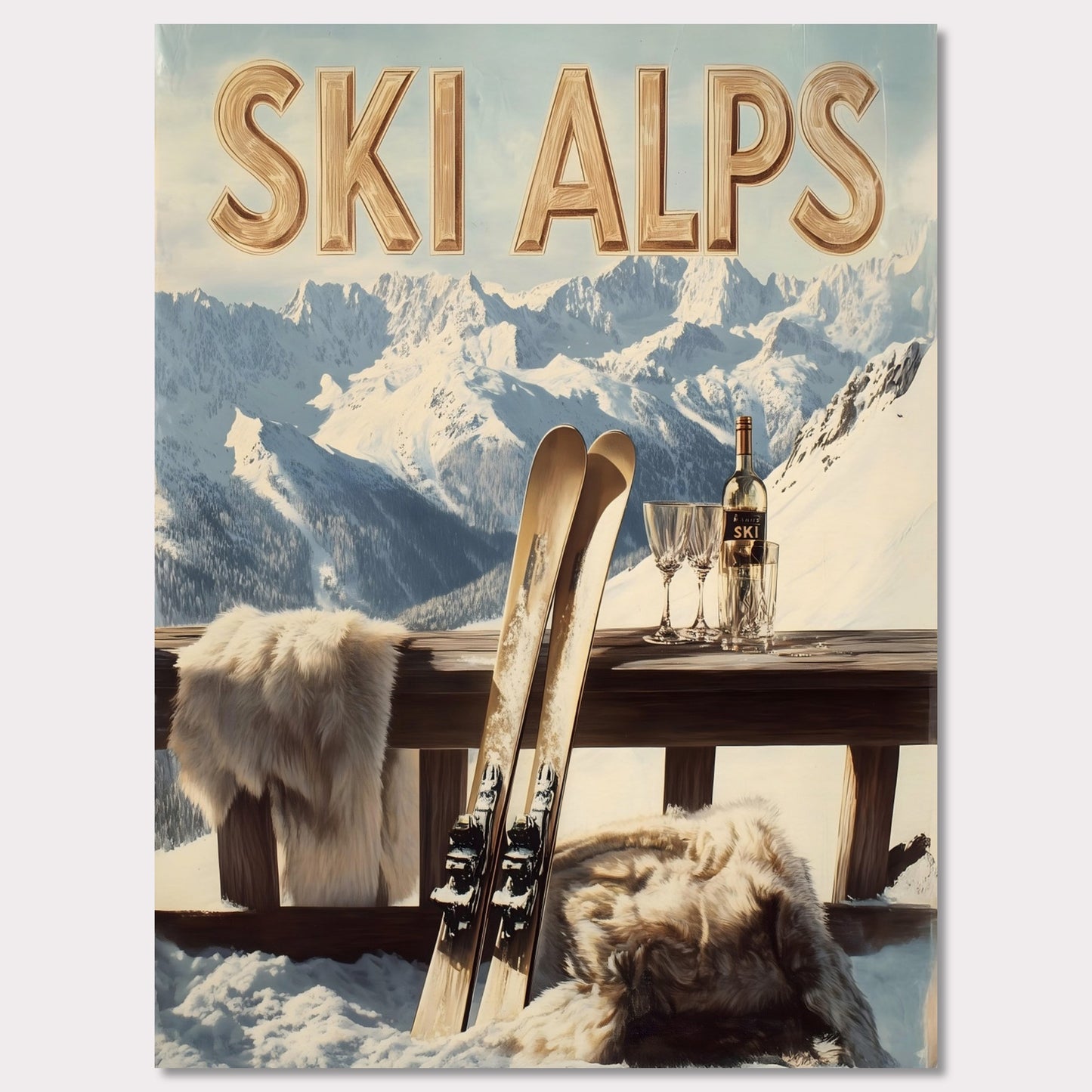 This captivating poster invites you to a serene alpine retreat, where snowy peaks stretch into the horizon. A pair of classic wooden skis leans against a rustic balcony railing, adorned with soft fur for added warmth. A bottle of fine wine and elegant glasses sit atop the table, perfectly complementing the breathtaking mountain backdrop.