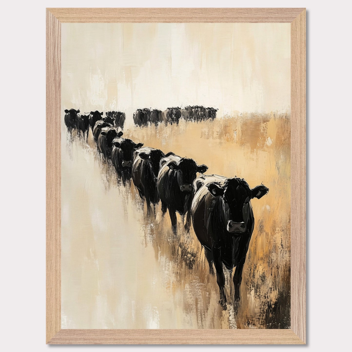 This captivating artwork portrays a herd of black cows walking in a line across a serene, golden field. The abstract brush strokes and muted color palette evoke a sense of calm and tranquility.