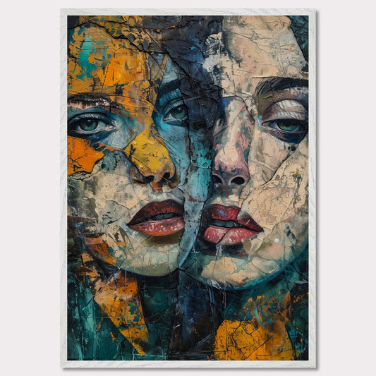 This captivating artwork features two intertwined, abstract faces with a rich blend of colors and textures. The painting exudes a sense of mystery and depth, drawing the viewer into its intricate details.