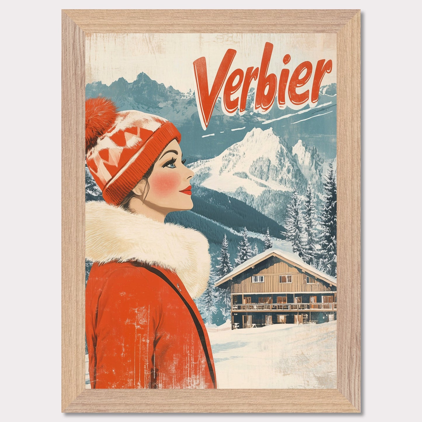 This elegant retro-style poster features a woman in a stylish red winter coat and pom-pom hat, looking towards the majestic Verbier mountains. The soft pastel tones and crisp white snow provide a serene backdrop, while the vintage design and typography evoke a sense of sophistication and timeless charm. The poster conveys the allure of Verbier as both an adventure and a refined escape into nature’s beauty.