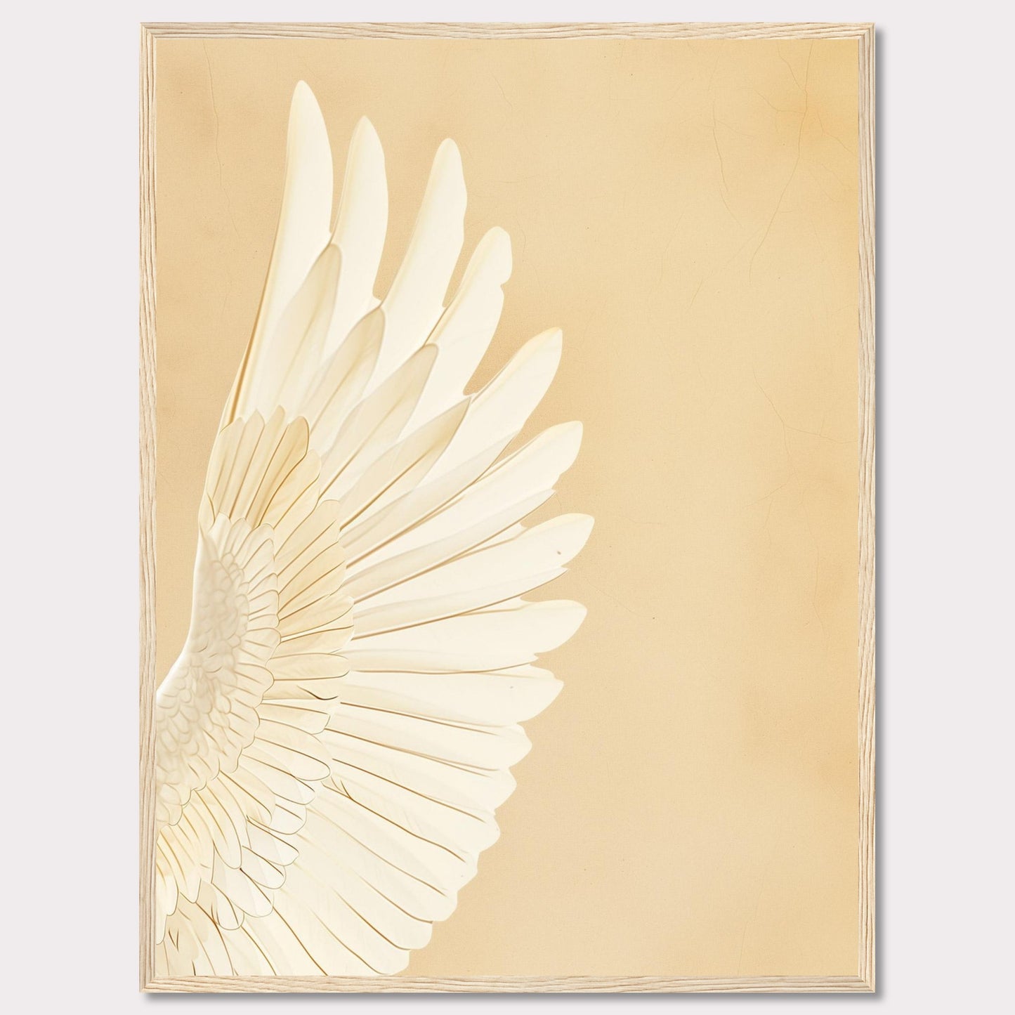 This elegant wall art features a detailed depiction of a white feathered wing against a soft beige background. The minimalist design and neutral tones make it a versatile piece for any room.