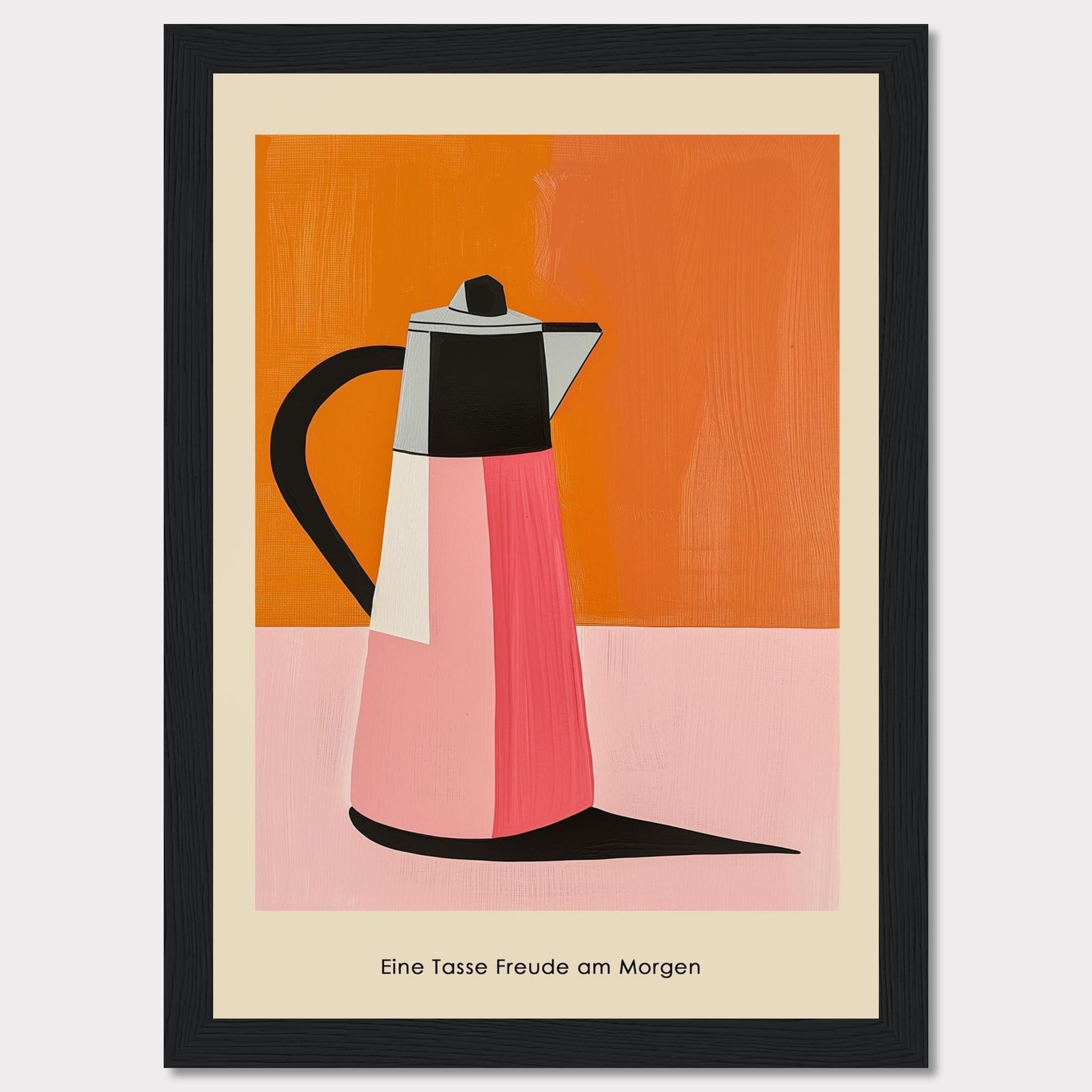 This image features a vibrant, modern art depiction of a coffee pot against a bold orange and pink background.