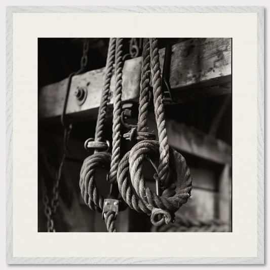 This black and white illustration depicts a close-up view of coiled ropes hanging from wooden beams, evoking a rustic or nautical theme.