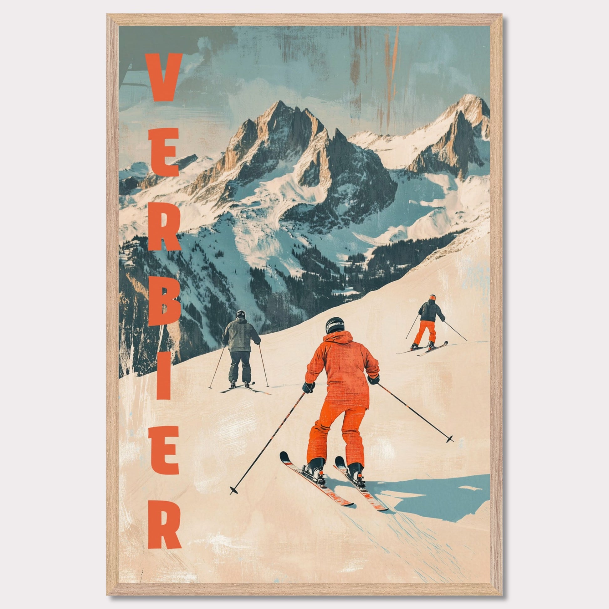 This retro-inspired poster vividly captures the exhilarating spirit of skiing in Verbier. A group of skiers clad in bold orange descends a pristine alpine slope, set against the majestic backdrop of rugged, snow-covered peaks. The textured vintage art style and muted color palette evoke nostalgia while celebrating the dynamic energy of winter sports.