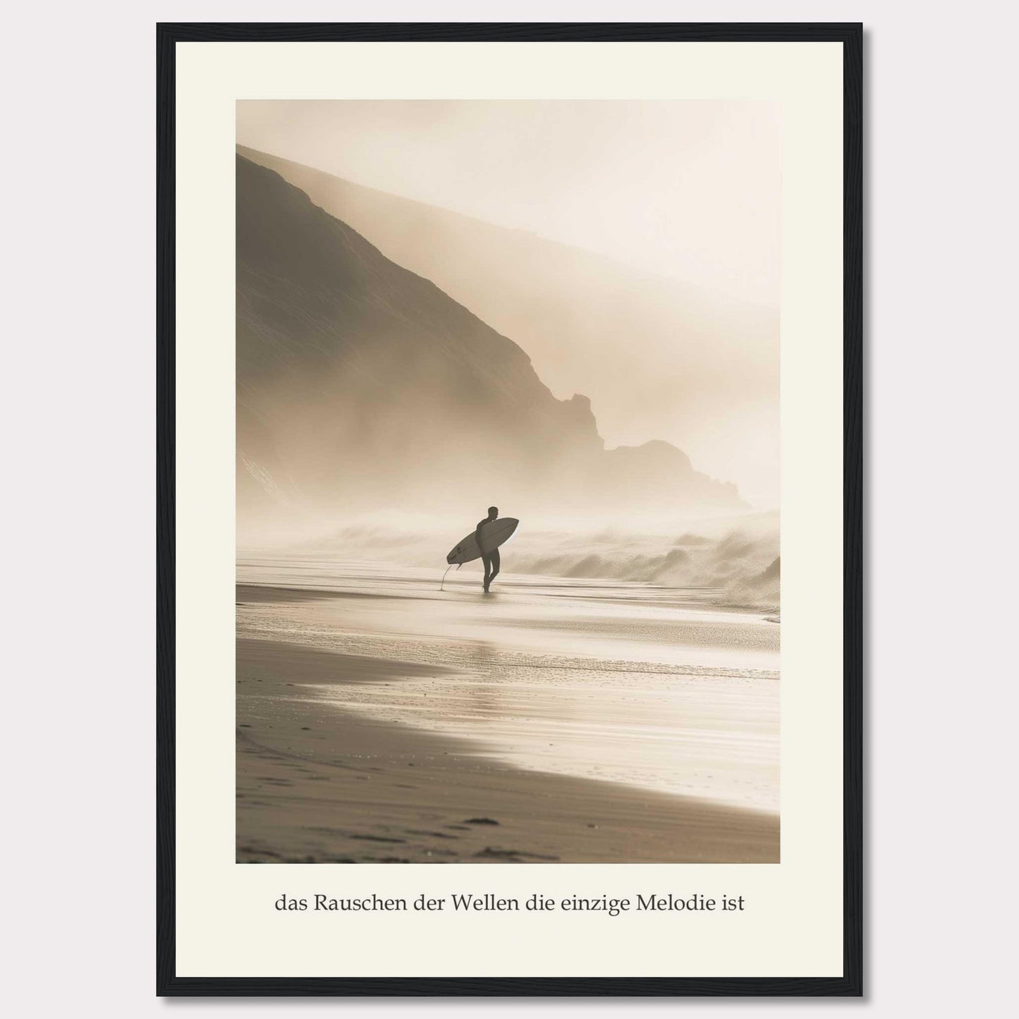 This captivating photograph captures a lone surfer walking along a misty beach, surfboard in hand, with towering cliffs in the background.