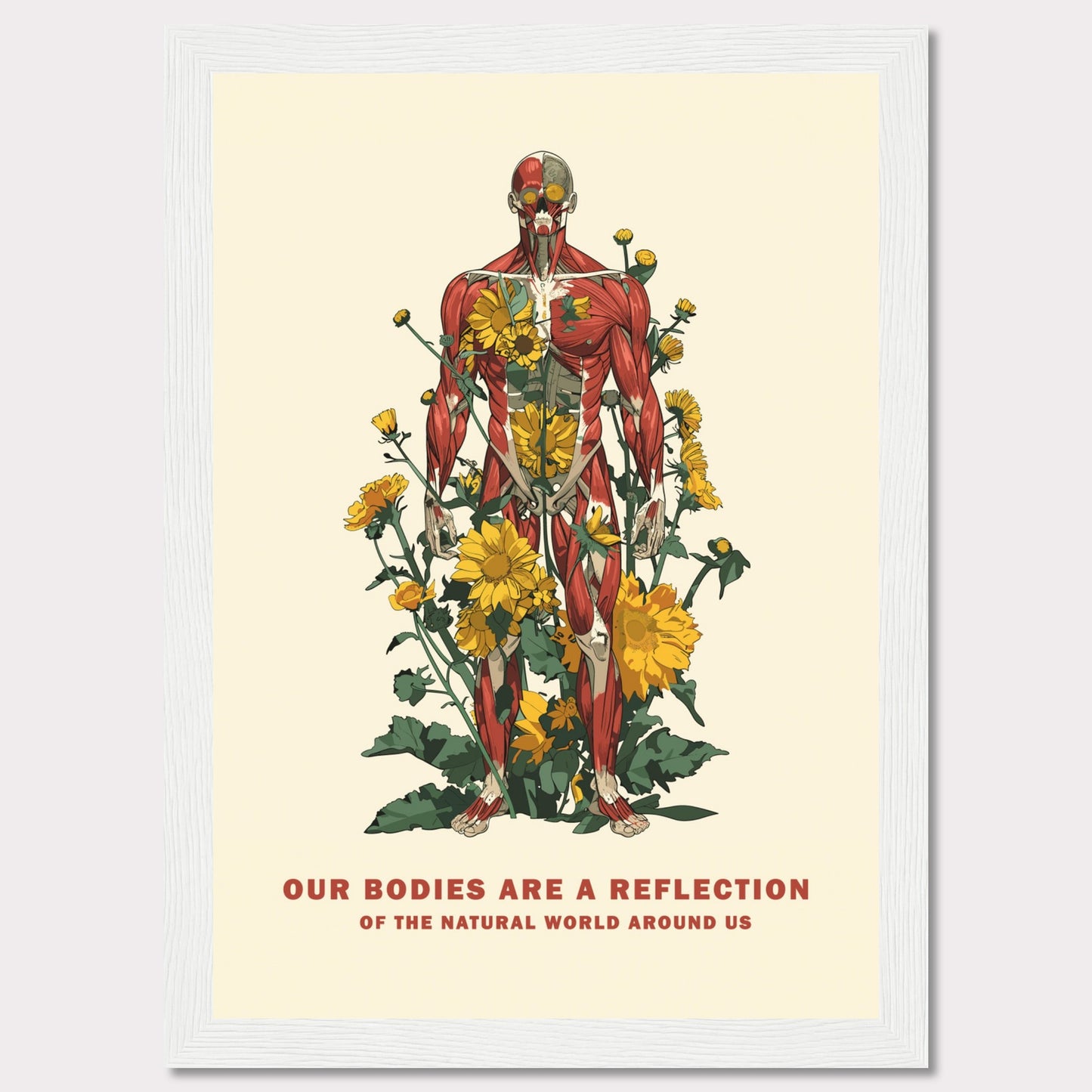 This image features a detailed anatomical illustration of a human body intertwined with vibrant yellow flowers and green foliage. The artwork highlights the connection between human anatomy and nature.