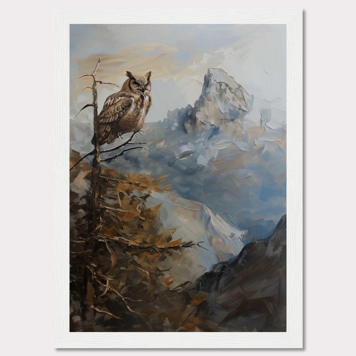 This captivating painting depicts a majestic owl perched on a branch, overlooking a rugged mountain landscape. The scene is rendered in rich, earthy tones and dynamic brushstrokes, capturing the serene yet powerful essence of nature.