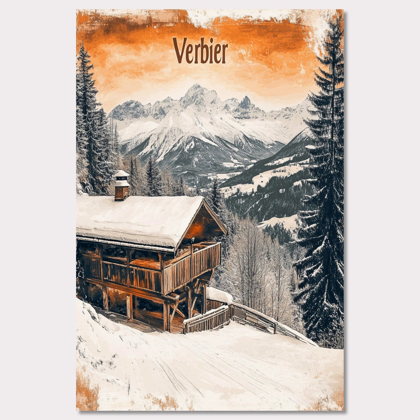 This charming retro-style poster showcases a cozy wooden cabin nestled in the snowy mountains of Verbier. The cabin, with its warm and rustic exterior, contrasts beautifully against the crisp white snow and towering, snow-capped peaks in the distance. The soft, vintage tones in the sky and the peaceful surroundings evoke a sense of tranquility and the perfect winter getaway. The gentle snowfall and warm cabin lights enhance the nostalgic feeling of a quiet retreat in the Alps.