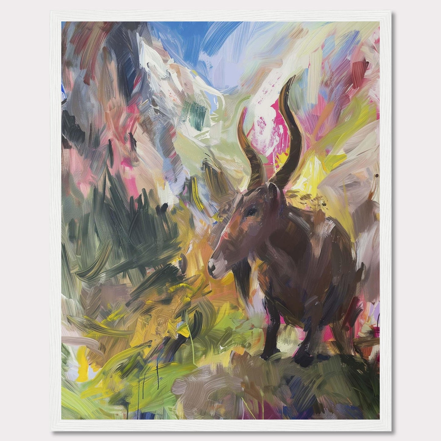 This vibrant painting captures a majestic animal with large horns standing amidst a colorful, abstract landscape. The background features dynamic brushstrokes of mountains, sky, and foliage, blending together in an explosion of colors.