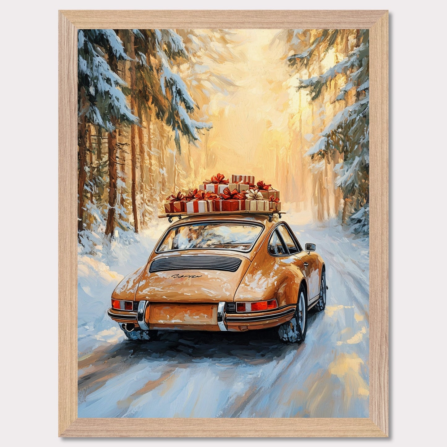 This festive poster showcases a yellow Porsche navigating a snow-covered path with holiday presents stacked on its roof. The warm glow from the trees lining the road creates a magical winter scene, while the "Merry Christmas" typography evokes the warmth and joy of the holiday season. The combination of sleek design and a peaceful winter landscape makes this a perfect holiday greeting.