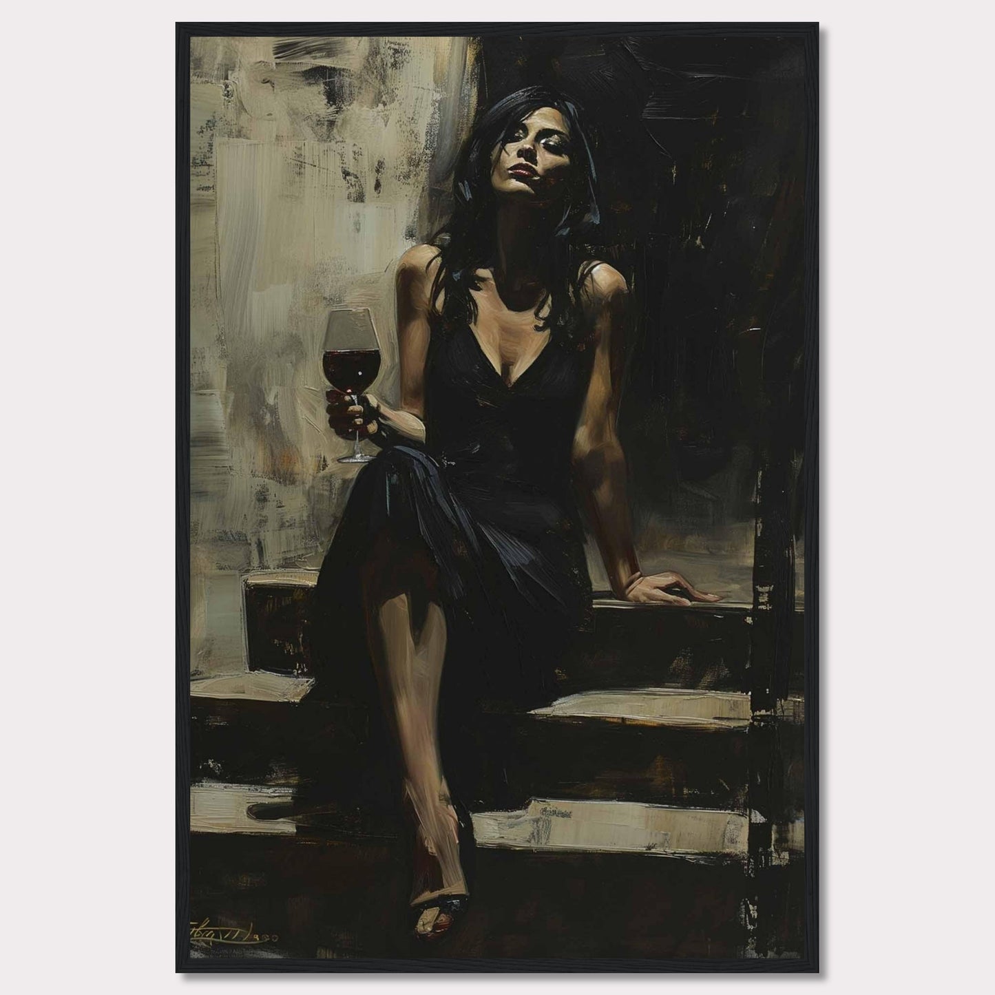 This captivating painting depicts a woman in an elegant black dress, seated on a set of steps. She holds a glass of red wine, exuding confidence and sophistication. The dark, moody background contrasts with her poised demeanor, creating a sense of intrigue and allure.