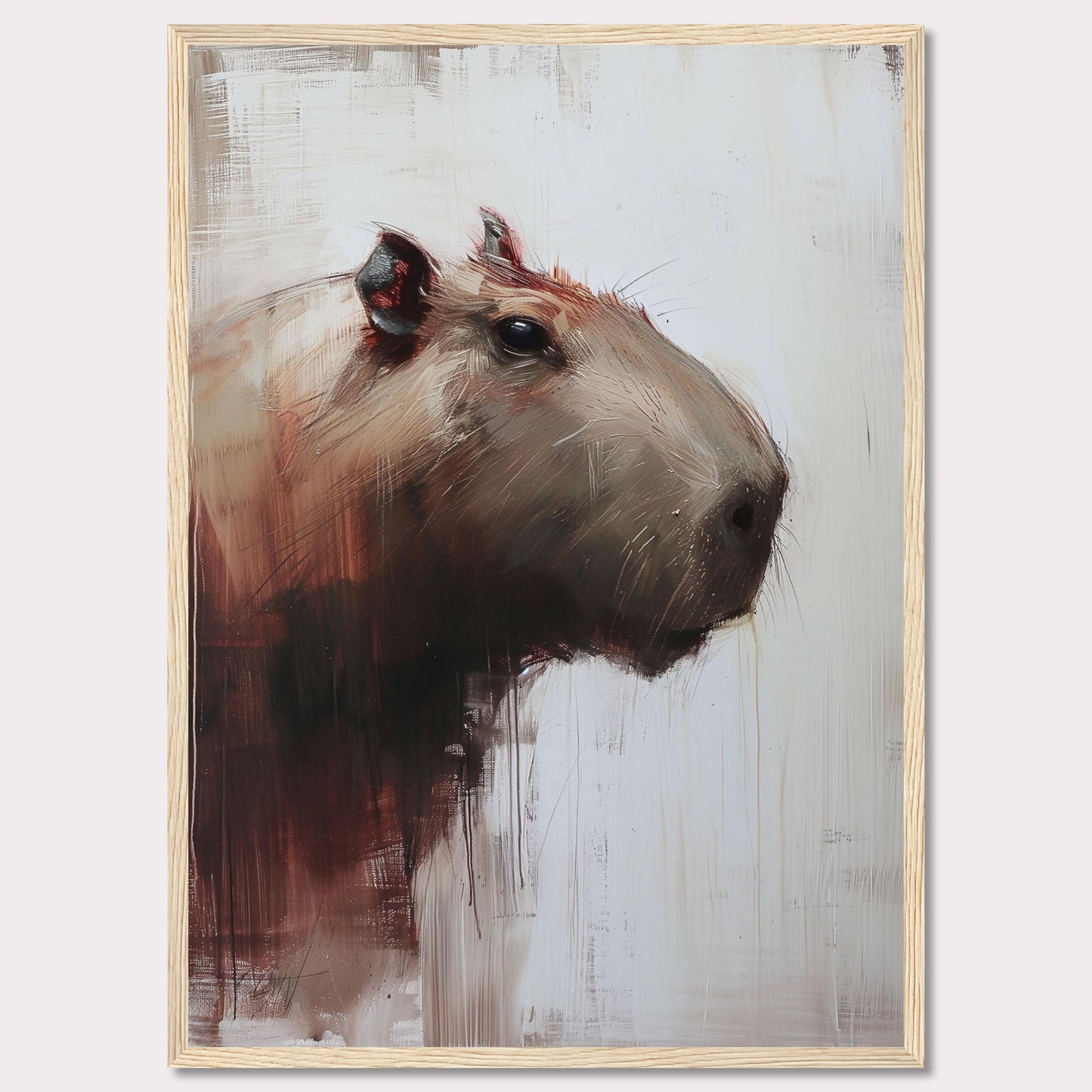 This image showcases a striking painting of a capybara, rendered in a modern, abstract style. The artwork features bold brush strokes and a muted color palette, with the capybara's head turned slightly to the side.