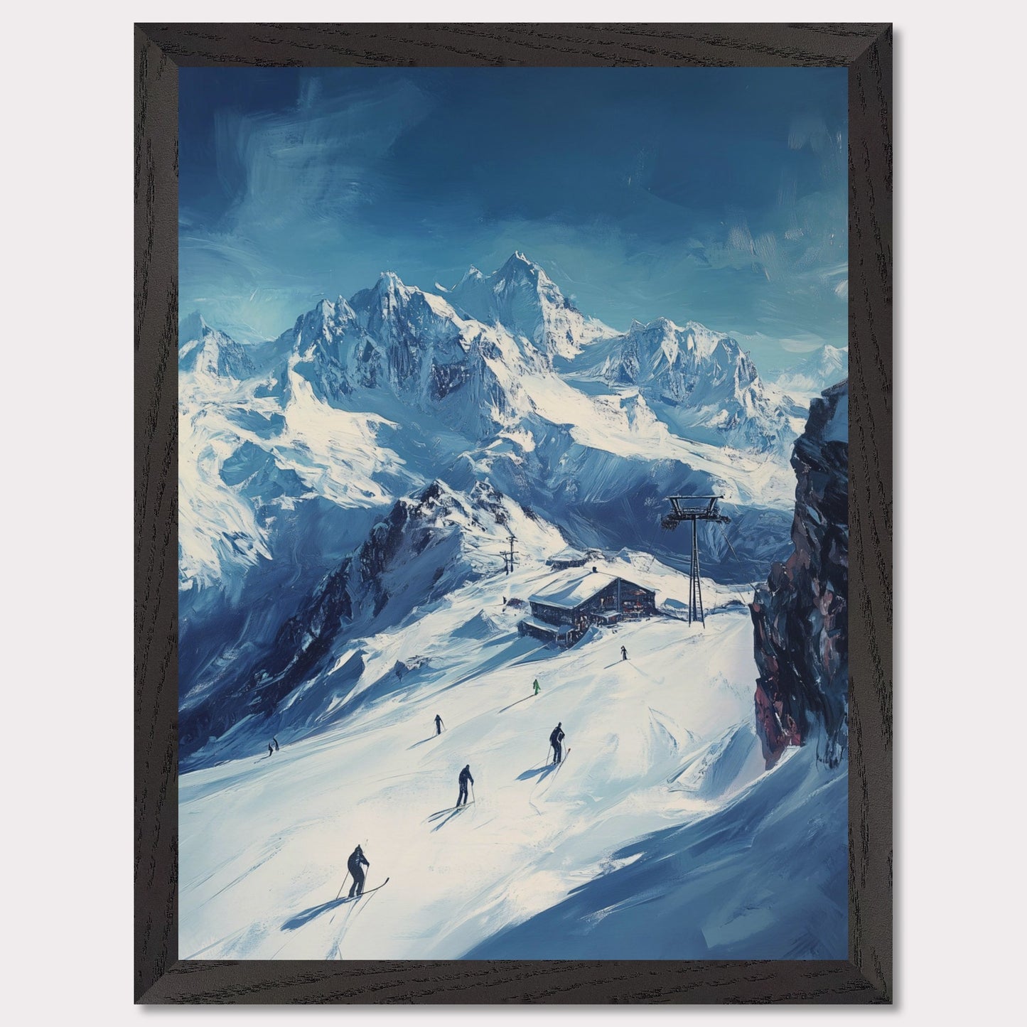 This vibrant, retro-style poster captures the excitement of skiing through the Swiss Alps, with skiers navigating fresh powder beneath towering, snow-covered peaks. The vast landscape and the thrill of the descent evoke a sense of freedom and adventure. The vintage typography and warm colors enhance the adventurous spirit, making it a perfect invitation to explore the slopes of the Swiss Alps and experience the rush of alpine skiing.