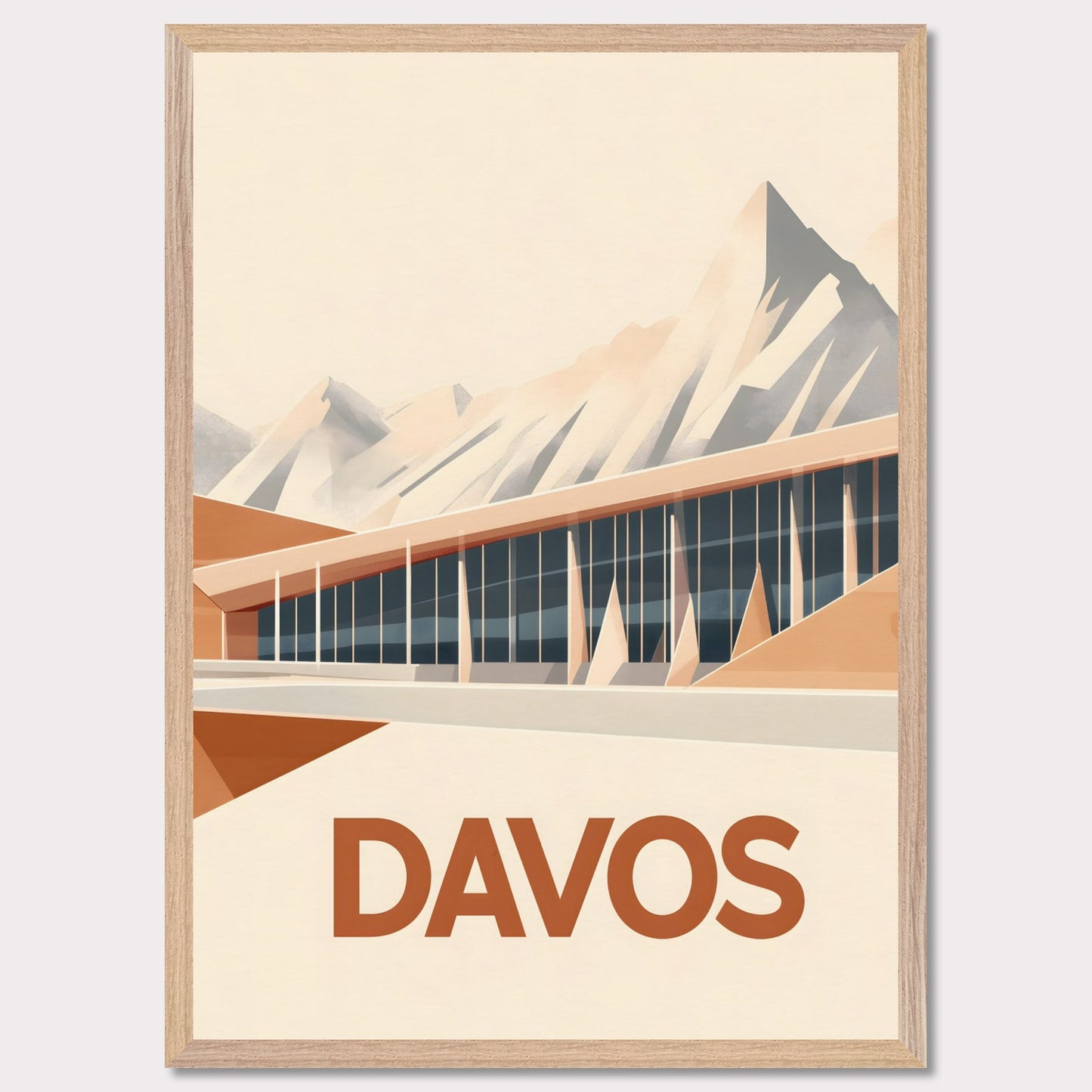 An artistic depiction of Davos, where a contemporary structure stretches along the base of snow-covered peaks. The smooth design of the building complements the sharp mountain ridges, creating a stunning contrast.