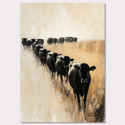 This captivating artwork portrays a herd of black cows walking in a line across a serene, golden field. The abstract brush strokes and muted color palette evoke a sense of calm and tranquility.