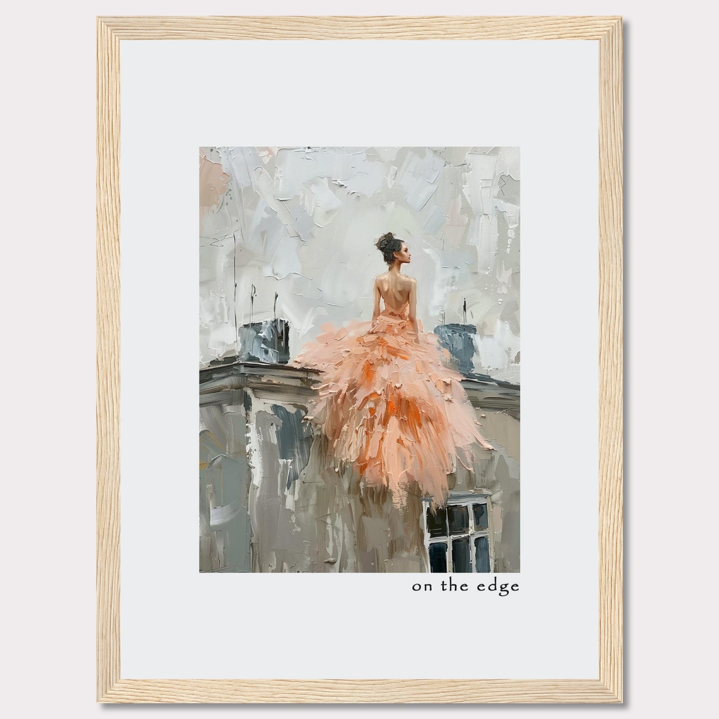 This captivating artwork depicts a woman in a flowing peach dress, standing on the edge of a rooftop. The painting's impressionistic style adds a dreamy, ethereal quality to the scene.