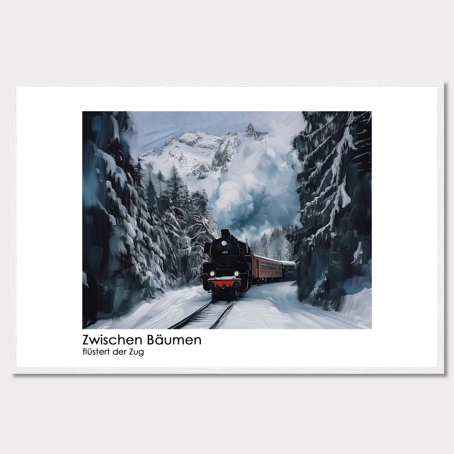 This captivating image depicts a steam train chugging through a snowy forest, with towering pine trees on either side and majestic snow-covered mountains in the background. The scene is serene and picturesque, capturing the essence of winter wonderland.