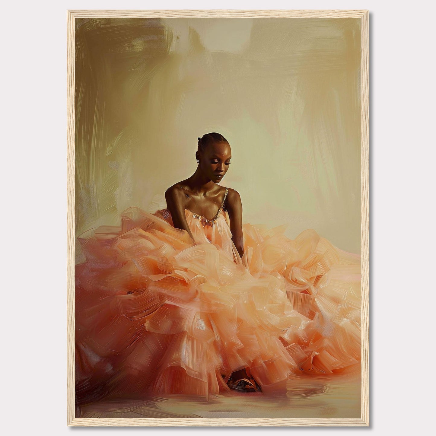 This captivating image features a serene woman in an elegant, voluminous peach gown. The soft, flowing fabric of the dress creates a dreamy and ethereal atmosphere. The background is a subtle blend of warm tones, enhancing the tranquil mood of the scene. The woman's poised and contemplative expression adds depth to the composition.