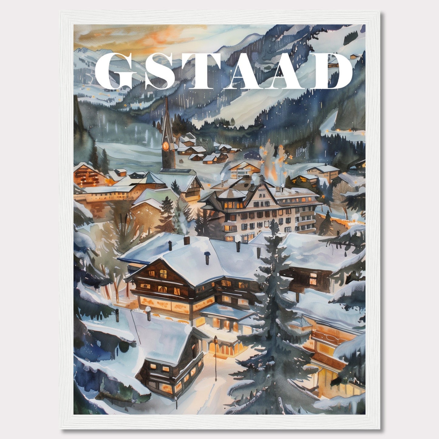 This image showcases a beautiful winter scene of Gstaad, a picturesque village nestled in the Swiss Alps. The painting captures the charm of snow-covered chalets, pine trees, and a serene mountainous backdrop under a soft evening sky.