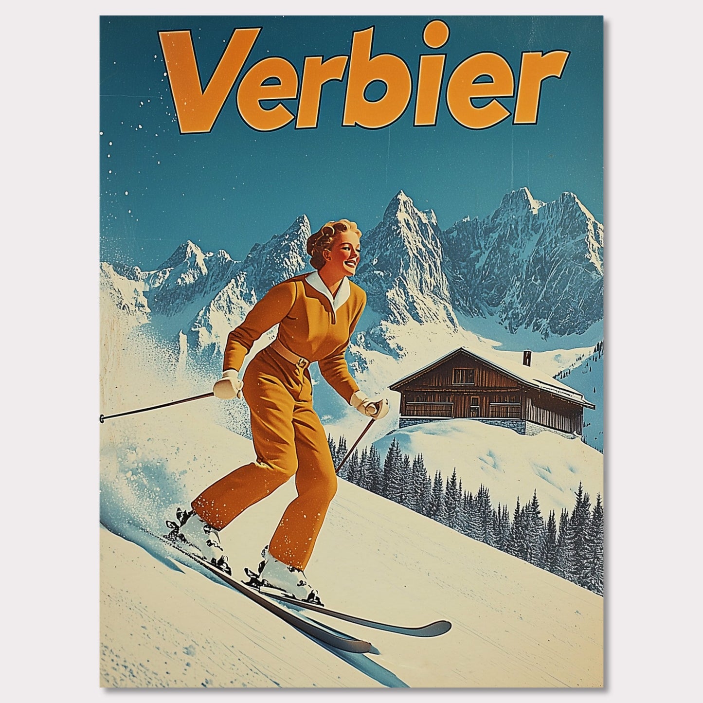 This vibrant retro poster features a cheerful skier dressed in a classic orange ski outfit, gliding down the pristine slopes of Verbier. Behind her, a picturesque alpine chalet sits amidst snow-covered peaks, with a bright blue sky completing the idyllic scene. The bold typography and clean lines enhance the nostalgic charm, inviting viewers to experience the joys of skiing in Verbier.