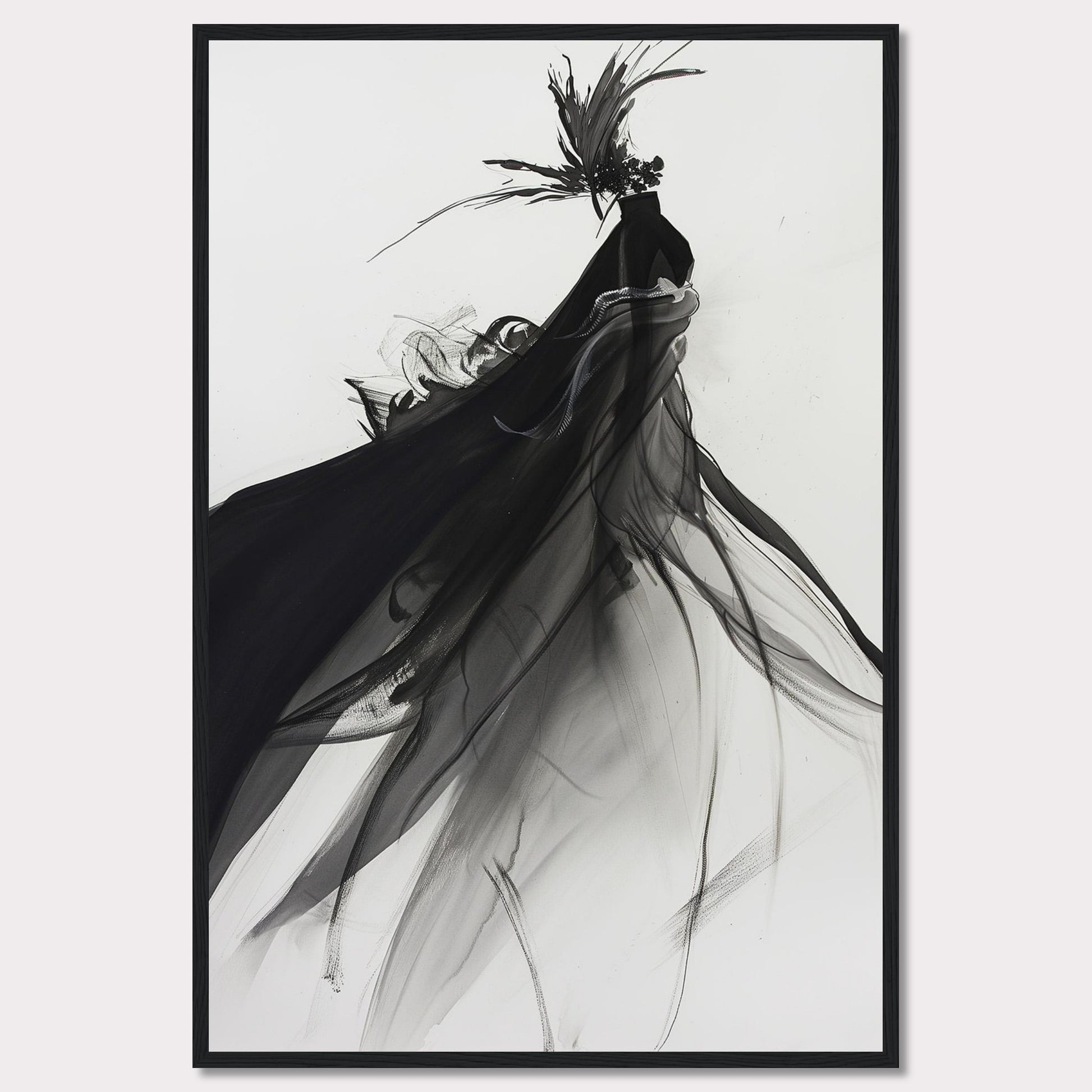 This captivating artwork features a fluid, abstract depiction of a black swan in motion, rendered in striking black and white tones. The swan is adorned with a dramatic headpiece and flowing plumage that create a sense of elegance and movement.