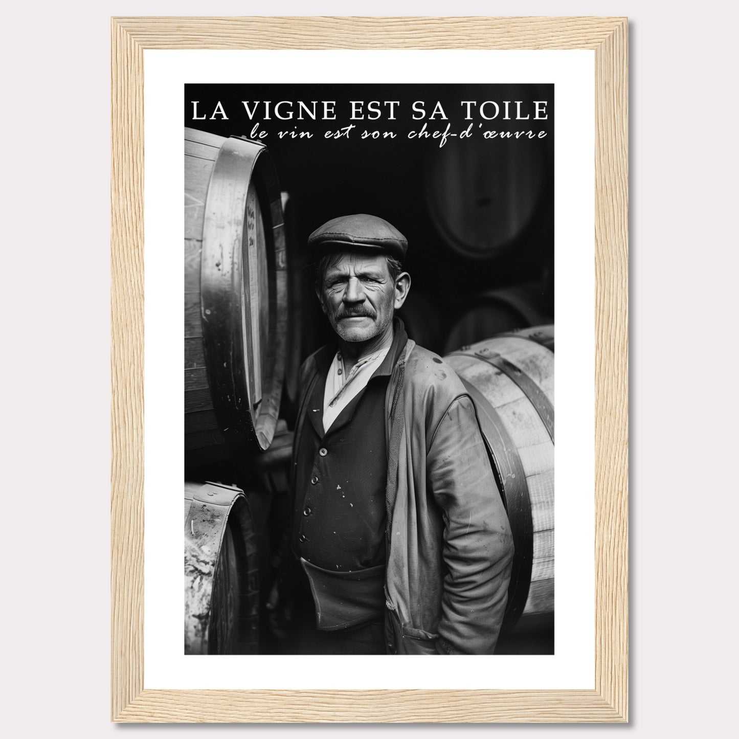 This striking black-and-white photograph captures a seasoned winemaker standing proudly among wine barrels. The text above reads, "La vigne est sa toile, le vin est son chef-d'œuvre," which translates to "The vineyard is his canvas, the wine is his masterpiece." The image exudes a sense of dedication and craftsmanship.