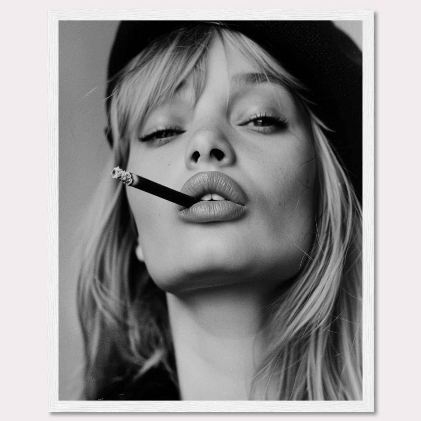 This striking black and white portrait captures a woman with a cigarette between her lips, exuding confidence and allure. Her intense gaze, slightly parted lips, and the casual placement of the cigarette create a bold and edgy aesthetic. The image is framed in a sleek black border, adding to its sophisticated appeal.