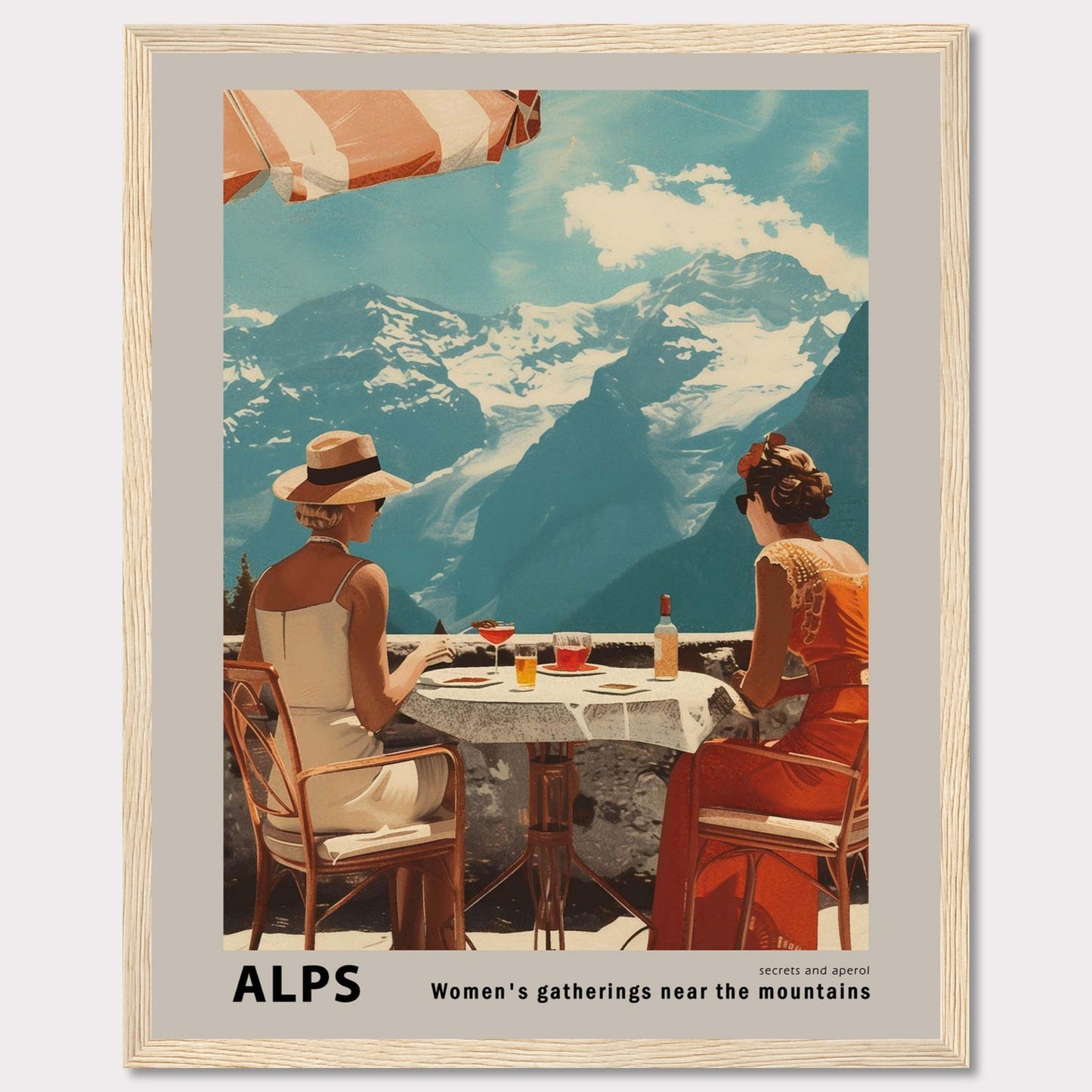 A beautiful vintage-style poster depicting two women enjoying a drink at a table with a stunning view of the Alps mountains in the background.