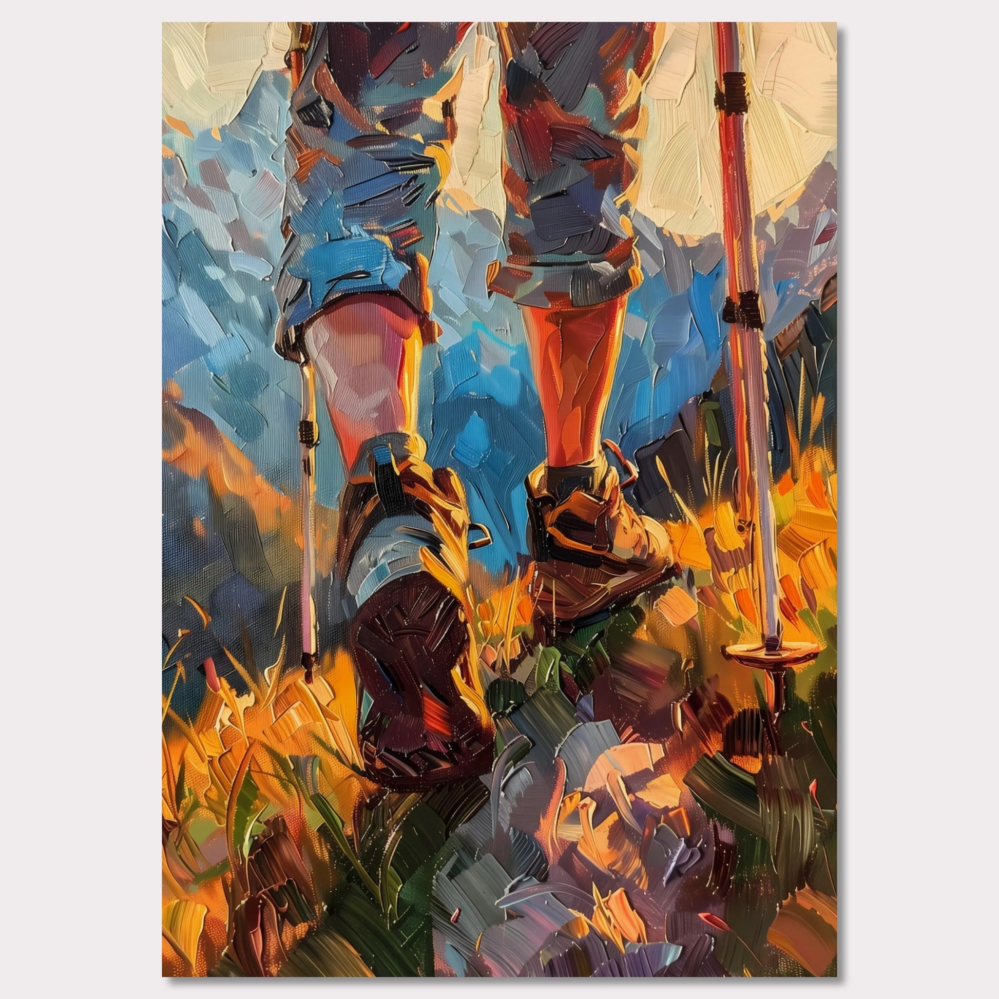 This illustration depicts a hiker's legs and feet as they traverse a vibrant, mountainous landscape. The scene is painted with bold, expressive brushstrokes, emphasizing the dynamic movement and rugged terrain.