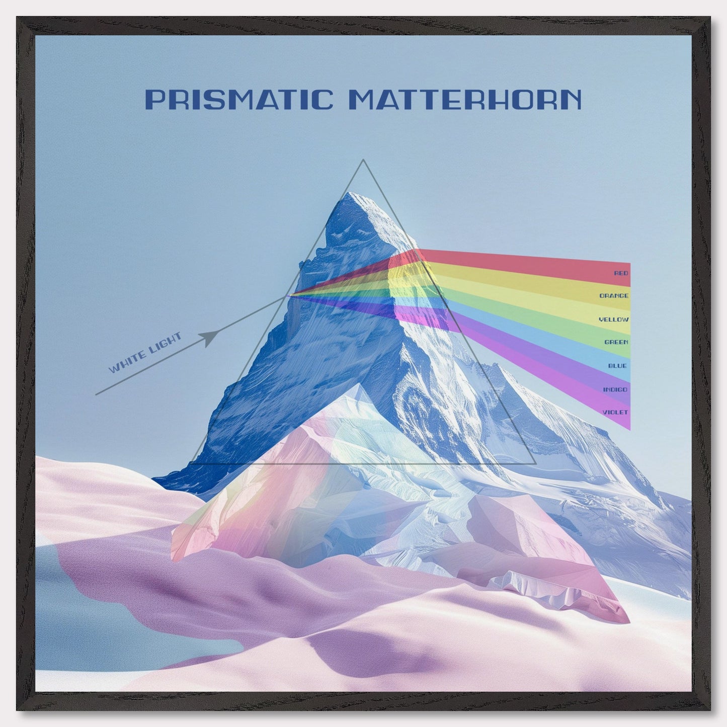 This image features a stunning illustration of the Matterhorn mountain with a prismatic effect. The mountain is depicted as a prism, dispersing white light into a spectrum of colors.