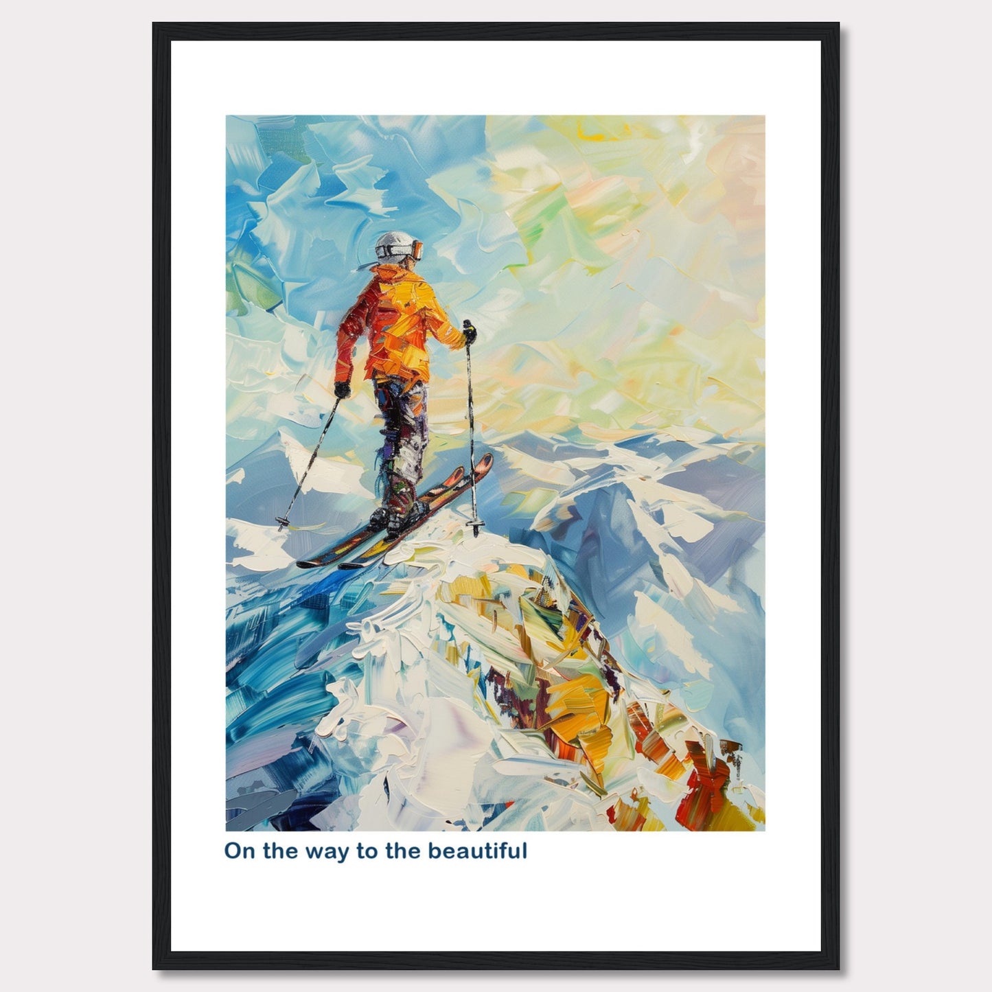 This vibrant painting captures a skier standing at the peak of a snowy mountain, ready to descend. The skier is dressed in an orange jacket and helmet, holding ski poles. The background features a stunning array of colors depicting the sky and distant mountains.