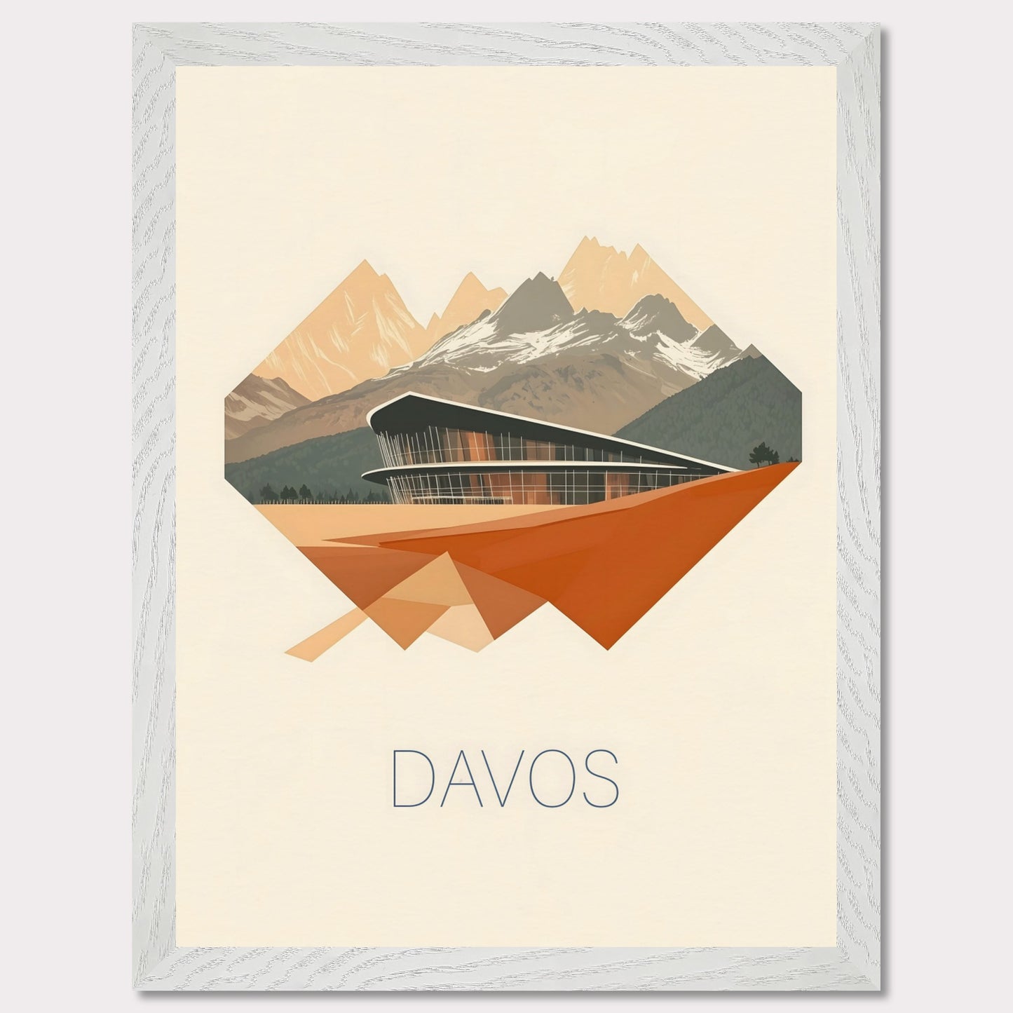 A visually striking poster featuring Davos’ futuristic architecture, integrated into an angular, geometric design. The sharp lines and warm earth tones contrast with the cool mountain backdrop, creating a bold, dynamic effect.