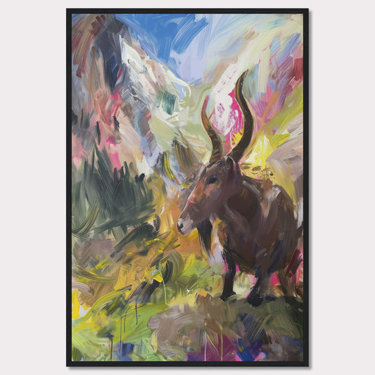 This vibrant painting captures a majestic animal with large horns standing amidst a colorful, abstract landscape. The background features dynamic brushstrokes of mountains, sky, and foliage, blending together in an explosion of colors.