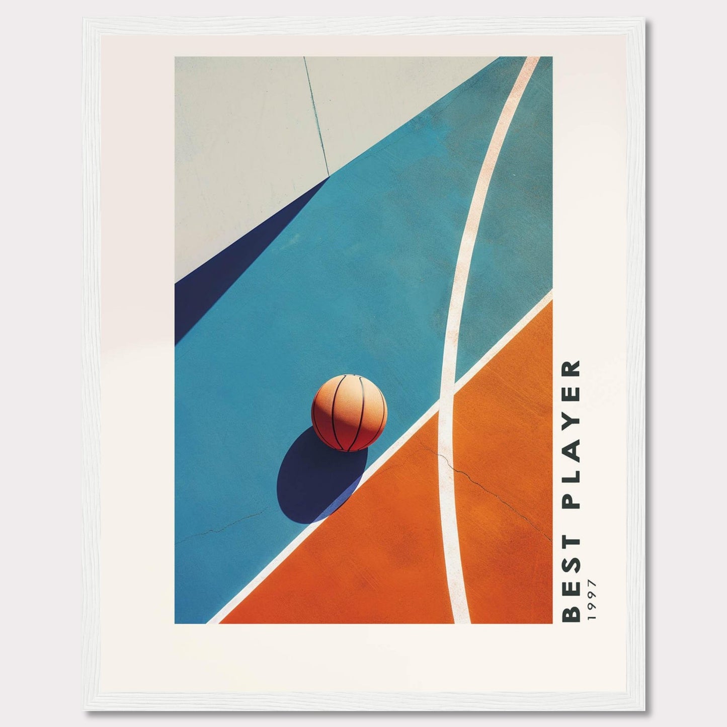 This striking poster features a basketball resting on a vibrant court, divided into bold blue and orange sections. The image is framed in black, with the text "BEST PLAYER 1997" vertically aligned on the right side.