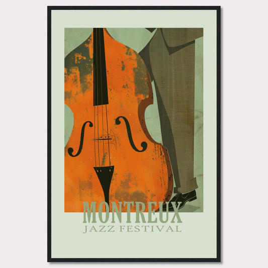 This image is a poster for the Montreux Jazz Festival. It features an abstract illustration of a double bass and a person in a suit.