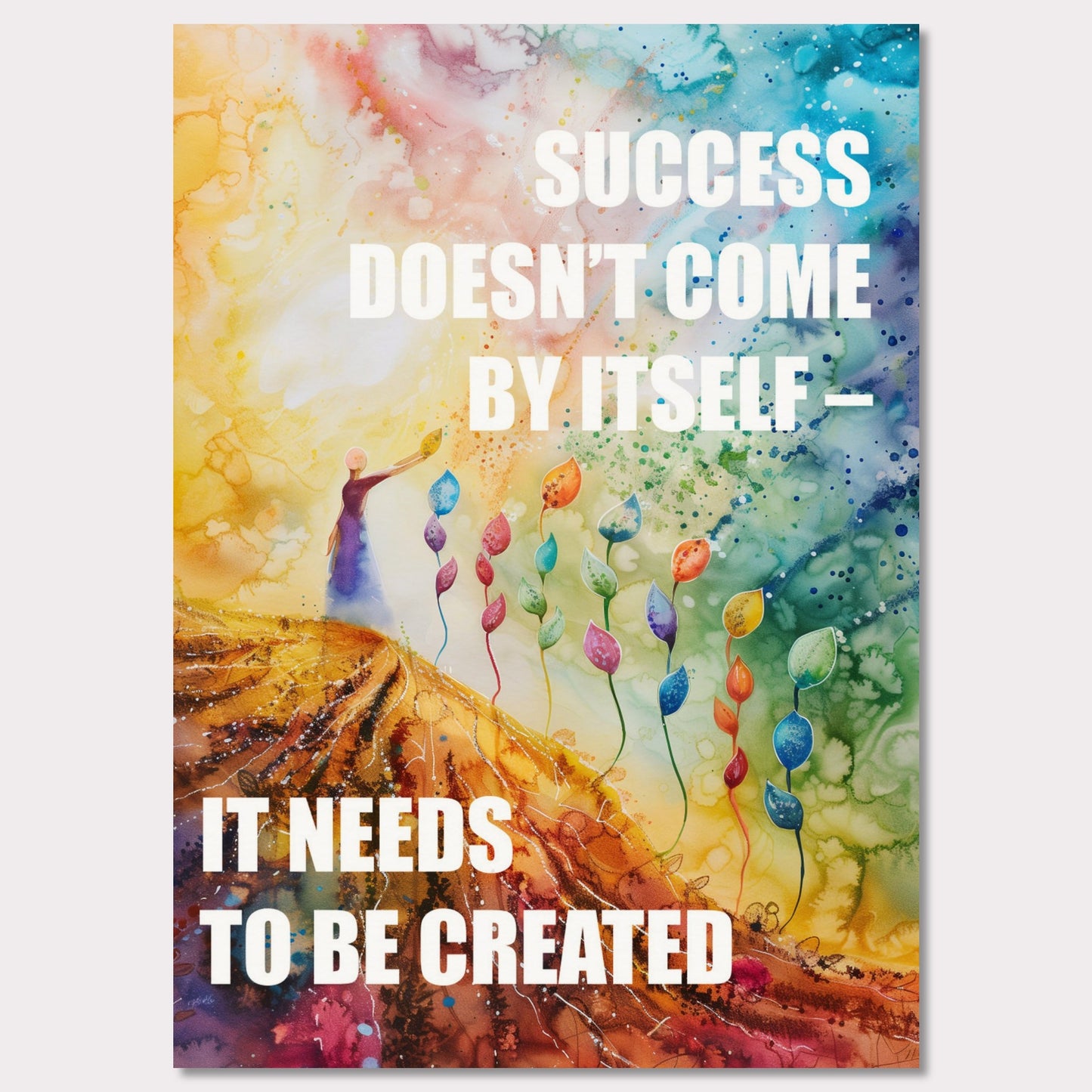 Colorful and inspiring poster featuring the motivational quote: "SUCCESS DOESN'T COME BY ITSELF - IT NEEDS TO BE CREATED".