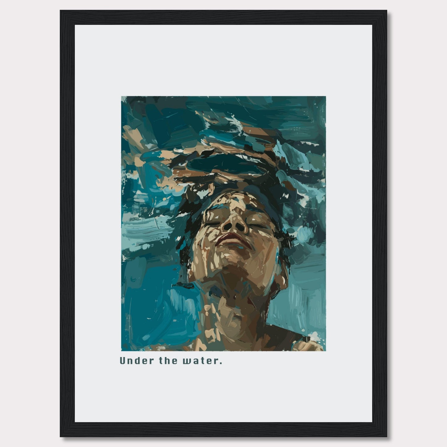 This captivating artwork depicts a serene moment of tranquility and introspection. The image shows a person submerged in water, their face emerging towards the surface, eyes closed in a peaceful expression.